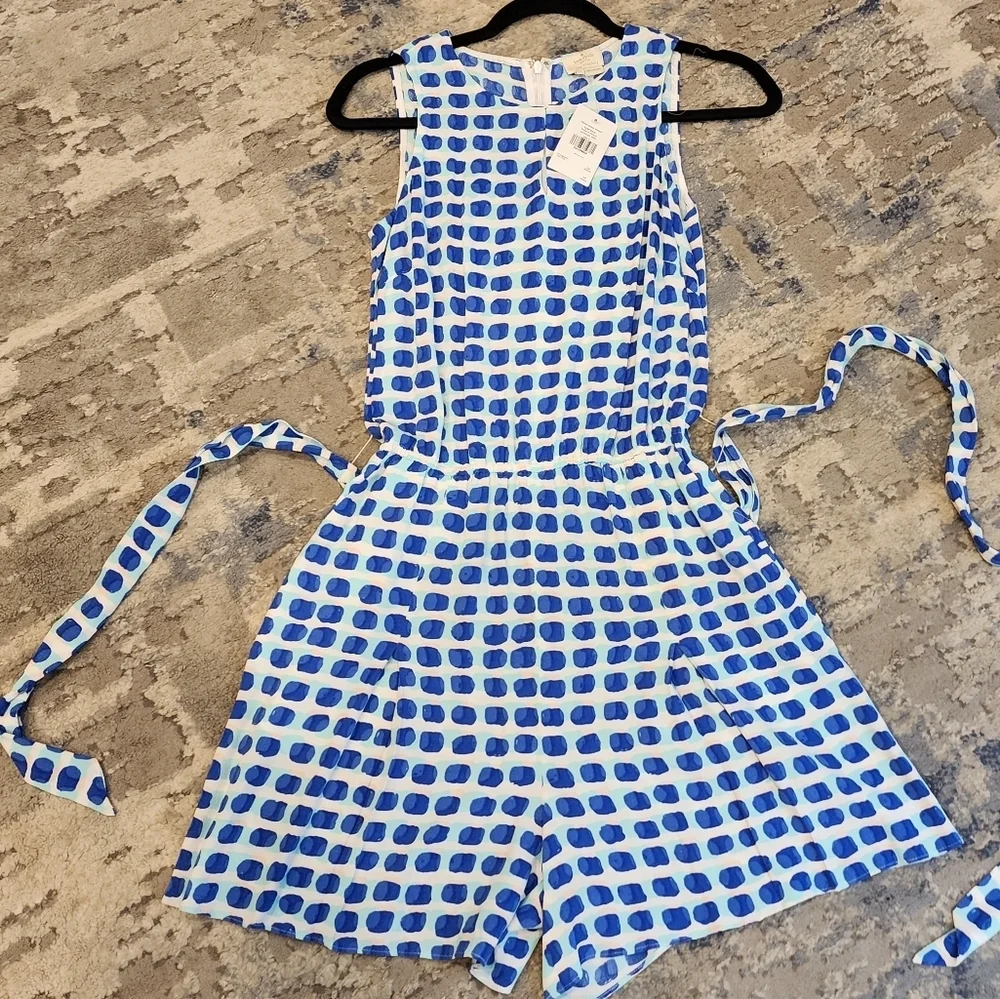 NWT Kate Spade Sleeveless Blue Island Stamp Romper belted pockets size L viscose